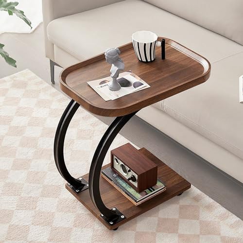 C Shaped Side Table with Wheels, Modern C Table End Table for Sofa and Bed, Small Couch Tables That Slide Under, Wooden C Shaped End Table for Couch, Coffee C Table for Small Space(Walnut)(With Scratch; See The Pictures)